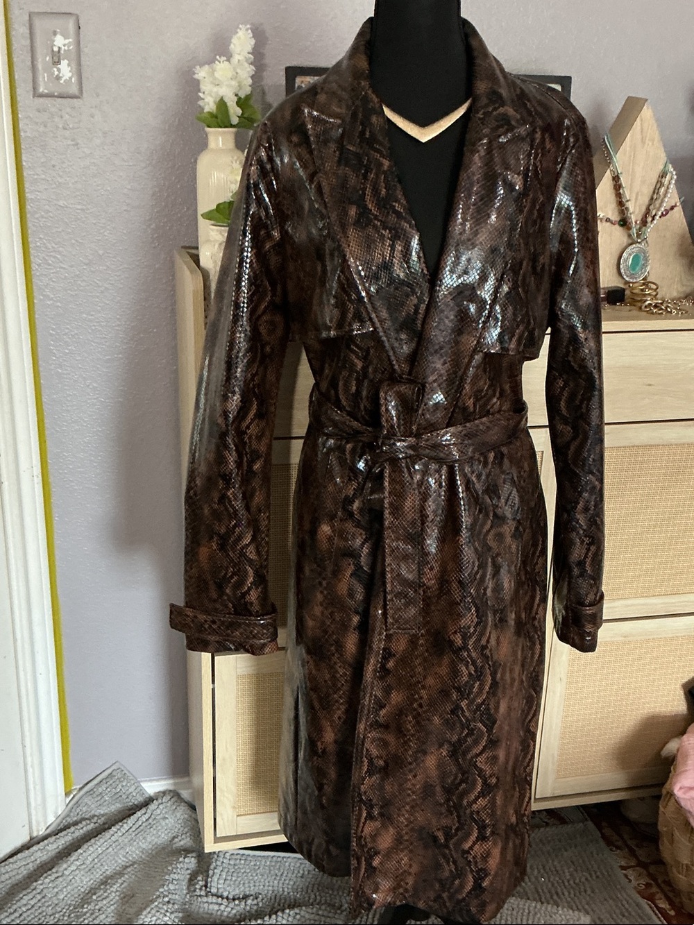 Windsor Shiny Brown Faux Snakeskin Trench Coat with Belt